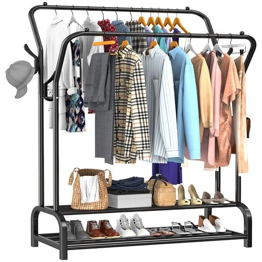 Avalo Industrial Clothes Rack Double Rod - Metal - 110x33x150 CM - Black - Storage For Shoes - Wardrobe Rack With Hooks