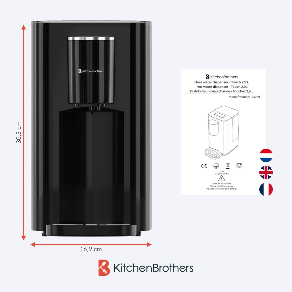 KitchenBrothers Distributeur d'eau chaude - 2.9L - Ecran tactile - Robinet d'eau chaude - 2600W - Noir