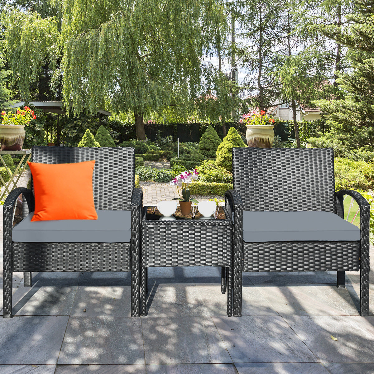 Coast 3-piece patio set Outdoor Rattan set with seat cushion and coffee table Modern furniture set grey