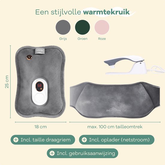 Bouillotte électrique Zenwave avec housse - Écran numérique - Bouillotte et bouillotte à eau avec chauffe-mains - Coussin chauffant rechargeable - Ceinture chauffante pour les règles - Durable et sans fil - Camping et plein air - Bouillotte grise