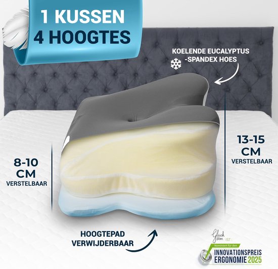 Oreiller orthopédique Glckstoff - Oreiller ergonomique en mousse pour la nuque, destiné à soulager les douleurs cervicales et dorsales, hypoallergénique, réglable, idéal pour les personnes dormant sur le côté ou sur le dos, gris