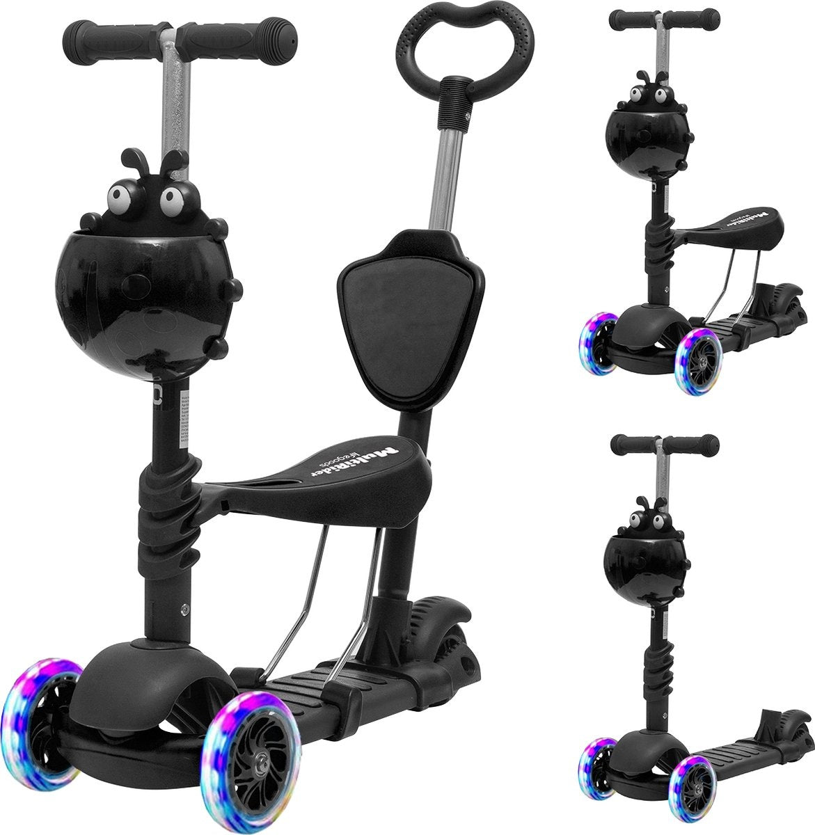 Scooter pour enfants avec barre de poussée - LifeGoods MultiRider - 3 -8 ans - Garçons/Filles - 3 roues lumineuses - Noir