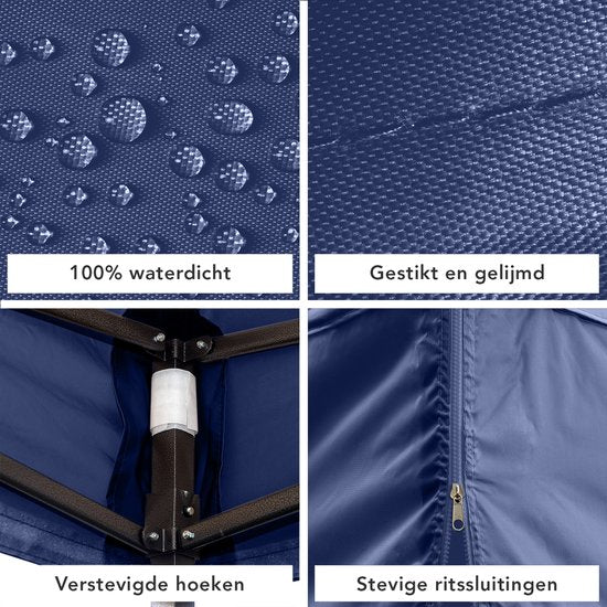 LifeGoods Tente de réception - Pavillon - EasyUp - Pliable - 4 parois latérales - Imperméable - Avec sac de transport à roulettes - 3x3 mètres - Bleu foncé