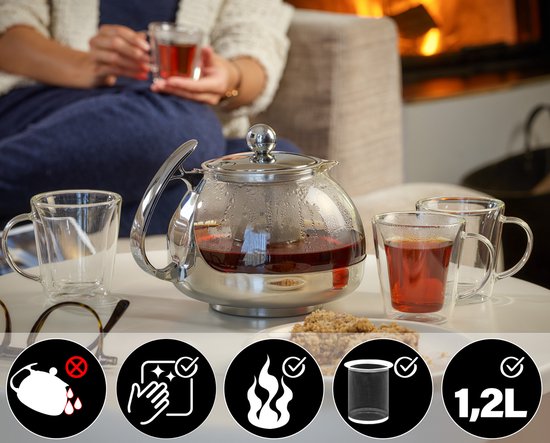 Théière en verre Monzana - avec filtre et infuseur en acier inoxydable 9 tasses - 1,2 litre