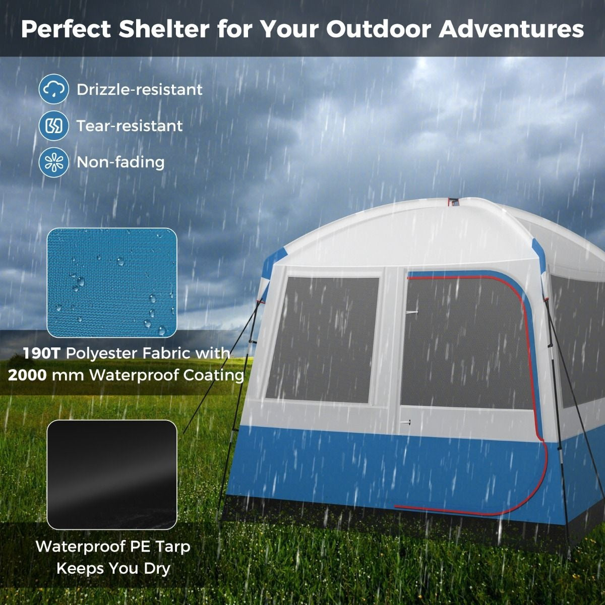 Tente de camping Coast pour 5 personnes - Grande porte en filet et tapis de sol - Imperméable - 248 x 248 x 230 cm - Bleu/Blanc