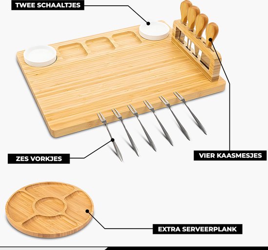 Kicinn Drinking Board - Tapas Board - Cheese Board - Serving Board - Drinking Board Wood - Incl. Cheese Knives, Forks, Bowls and Extra Serving Board - Bamboo