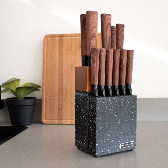 Set de couteaux avec bloc - Dymund® - Set de couteaux de chef avec bloc de couteaux - 13 pièces - acier inoxydable - Noir