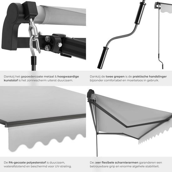 tectake® Sunshade with Articulated Arm - 250 x 200 cm - Store - Protection solaire pour fenêtre, balcon, extérieur - Fixation murale - Résistant à l'eau et aux UV - Gris clair