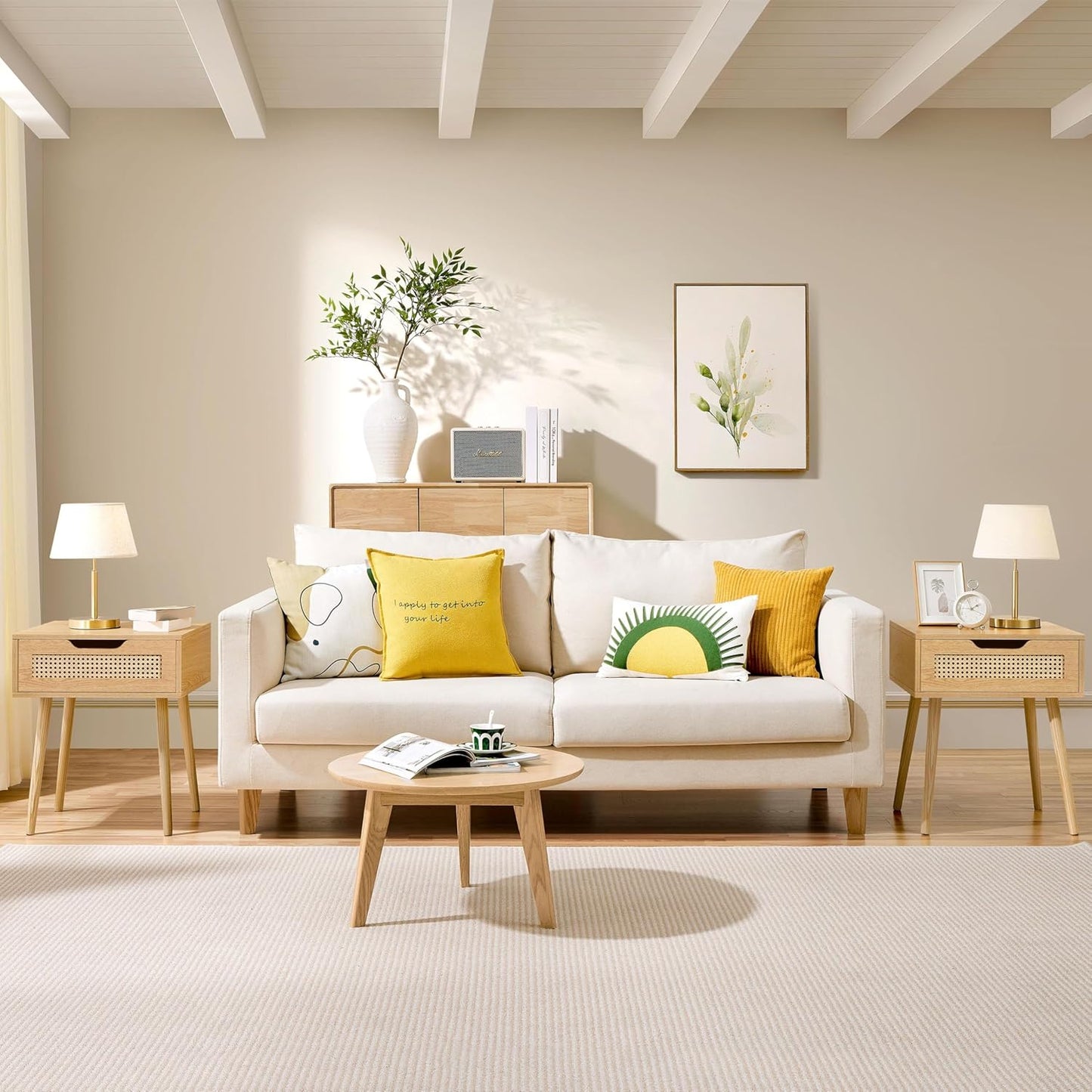 Table de chevet Yaheetech avec tiroir en rotin – Marron clair – 48,5 x 41 x 57,5 cm – Pieds en bois
