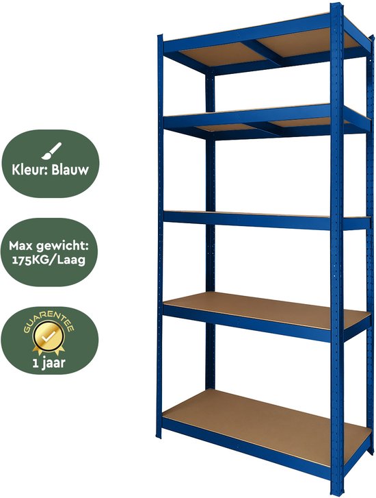 BRASQ Étagère métallique bleue - Étagère de rangement - Armoire murale - Armoire de rangement - 180 x 90 x 40 cm - 5 niveaux - armoire - 175 kg/étagère - 875 kg max.