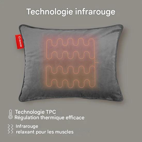 Auronic Oreiller chauffant - Velours - 45x60 - Sans fil - Rechargeable - Oreiller électrique - Infrarouge - Gris