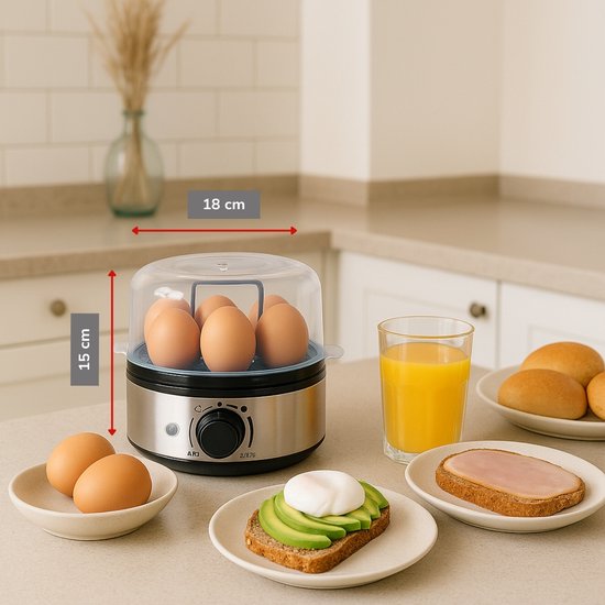 Cuiseur à œufs électrique Alpina 400 W – Cuiseur à œufs avec minuterie pour 7 œufs – Cuiseur à œufs avec gobelet doseur et pic – En acier inoxydable avec support à œufs amovible – Couvercle transparent