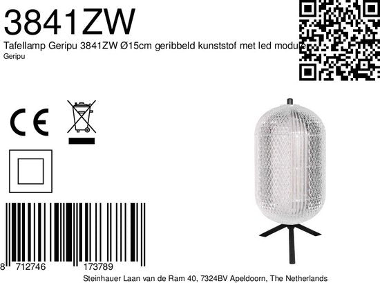Lampe de table Geripu 3841ZW, Ø 15 cm, en plastique nervuré avec module LED - Transparent/Noir - Design - Mexlite
