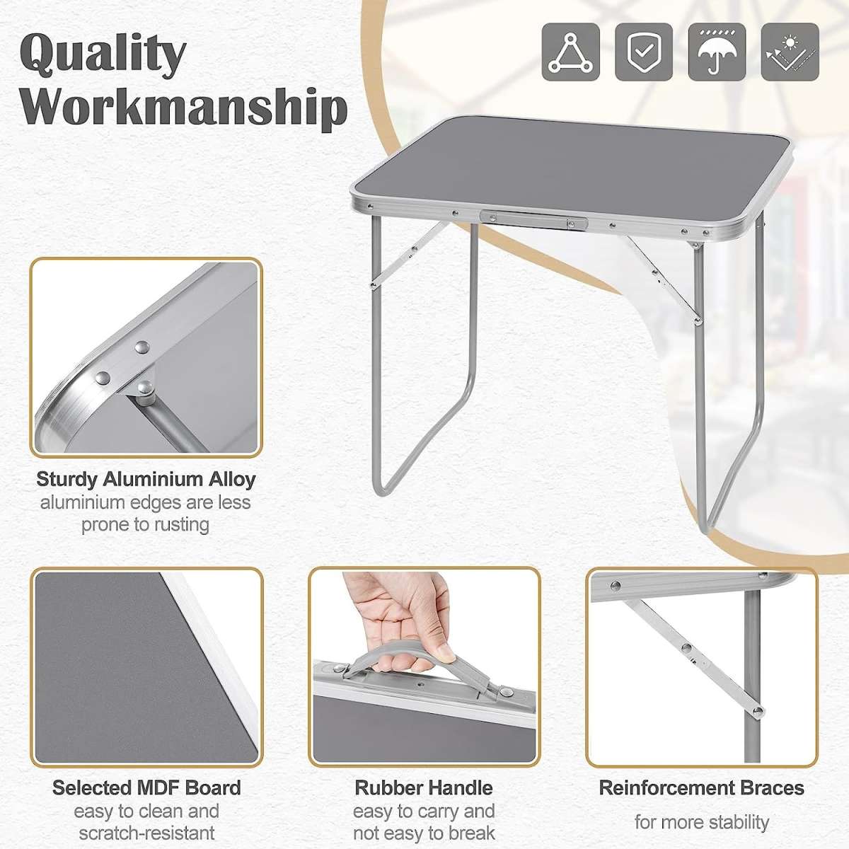 Table de camping WOLTU 70 x 60 x 50 cm - Pliable - Poignée - Aluminium/MDF - Gris