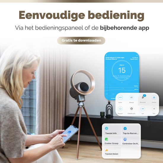 Vibrix Design Purificateur d'air Living Room avec app - 50 m² - Filtre HEPA - Ioniseur - Filtre à air - Purificateur d'air - Air Cleaner - AURAFLOW - CADR 275 m3/h - Télécommande