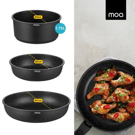 MOA Set de poêles - 5 pièces - Toutes sources de chaleur - Sans PFAS - Revêtement antiadhésif - Set de poêles à induction - Aluminium - Poignée amovible - Noir - PS501B