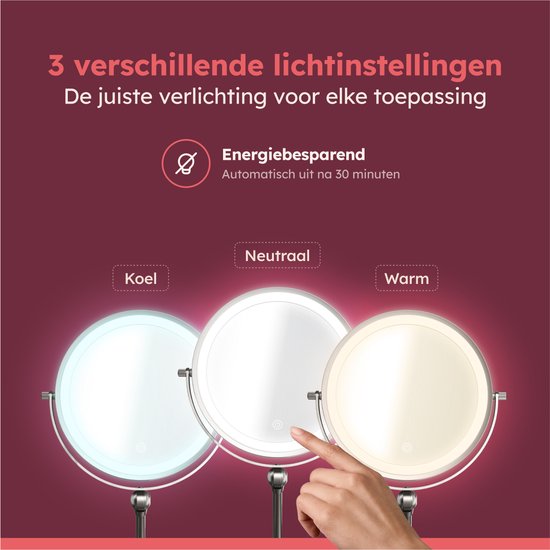 Fraay® Miroir de maquillage avec éclairage LED - grossissement 10x - Miroir grossissant avec lumière - rechargeable - Miroir de rasage - Miroir de salle de bain - Nickel