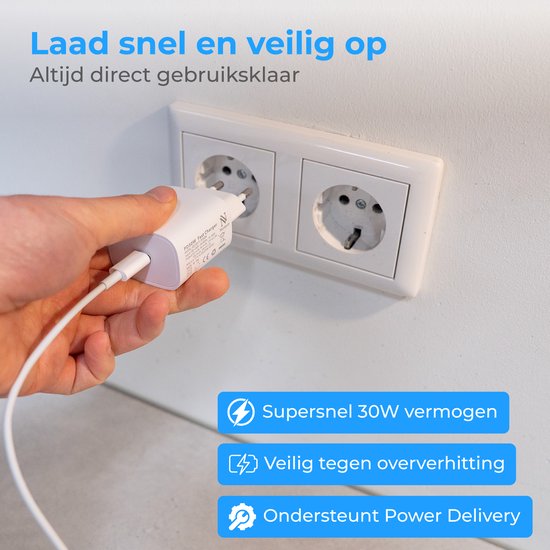 Adaptateur USB-C Nuvance - Chargeur rapide 30 W - Avec câble de 2 m (60 W) - USB-C - Chargeur - USB-C vers USB-C - Câble de recharge - Blanc