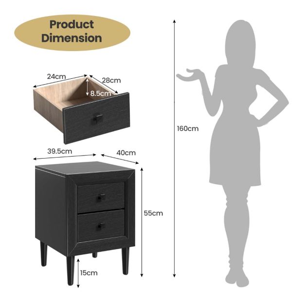 Coast Table de chevet avec 2 tiroirs - 45x40x62 cm - Noir - Pieds en hévéa massif