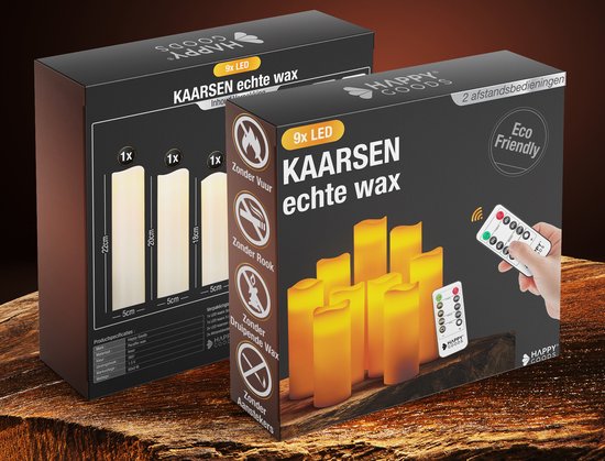 Happy Goods® - Set de bougies Led 9 pièces - VRAIE CIRE - 2 télécommandes - flamme mobile