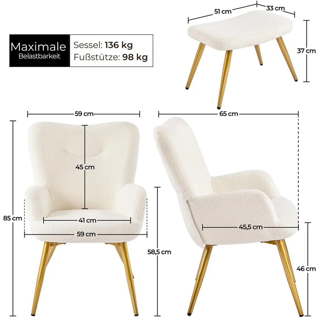 Fauteuil Yaheetech avec repose-pieds, bouclé, blanc/crème