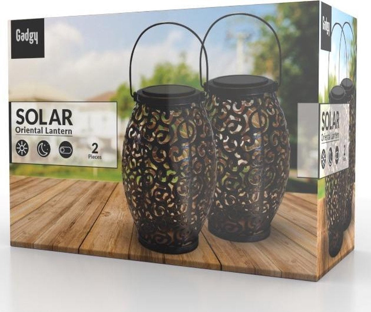 Gadgy Solar Oosterse Lantaarn - Tafellamp set van 2 – Solar Tuinverlichting op Zonneenergie – Led Buitenverlichting met Dag/Nacht Sensor - Hanglamp - Tuinlantaarn - 21.5 x Ø15CM - Brons - Metaal