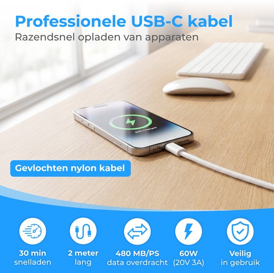 Câble Nuvance USB-C vers USB-C - Chargeur USB-C - 2 mètres - Chargeur rapide USB-C - Nylon tressé - 60 W - 480 Mbps - Blanc