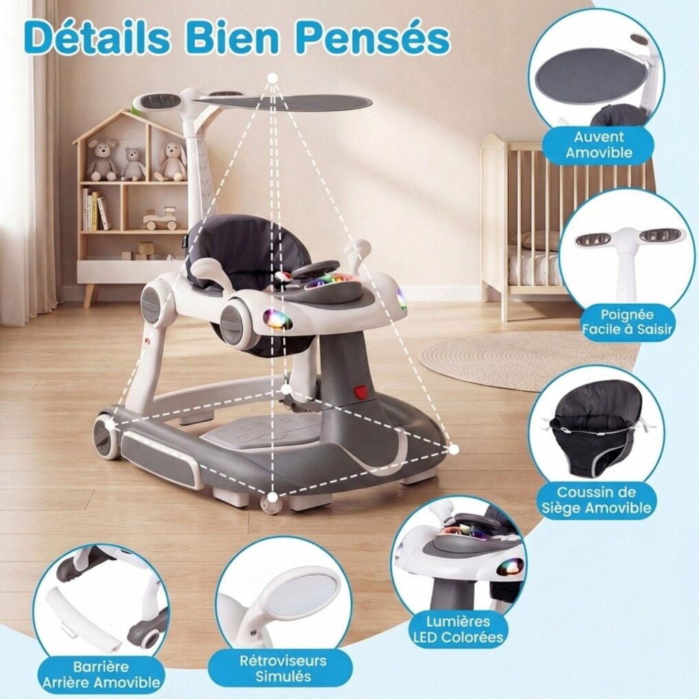 Coast 6-in-1 Trotteur pour bébé - Centre d'activités - Réglable - Musique - Eclairage - Balançoire - Gris