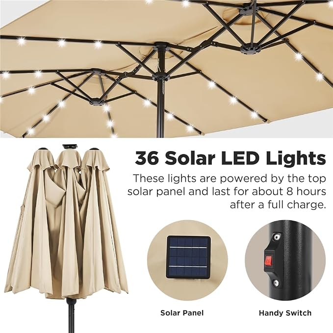 Parasol double Yaheetech 15 pieds avec éclairage LED solaire et pied - Beige - Parasol de jardin extra-large avec sacs de sable