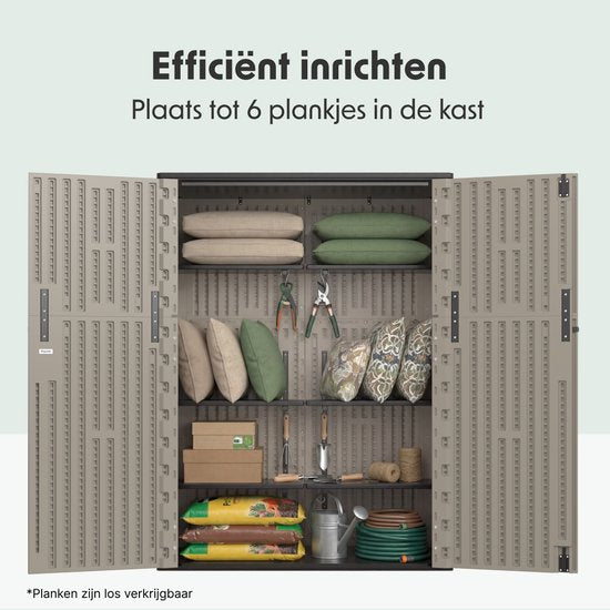 LifeGoods Garden Cabinet Vertical - 1340L - Armoire de rangement - Résistant à l'eau et aux UV - Coffre de jardin - Taupe