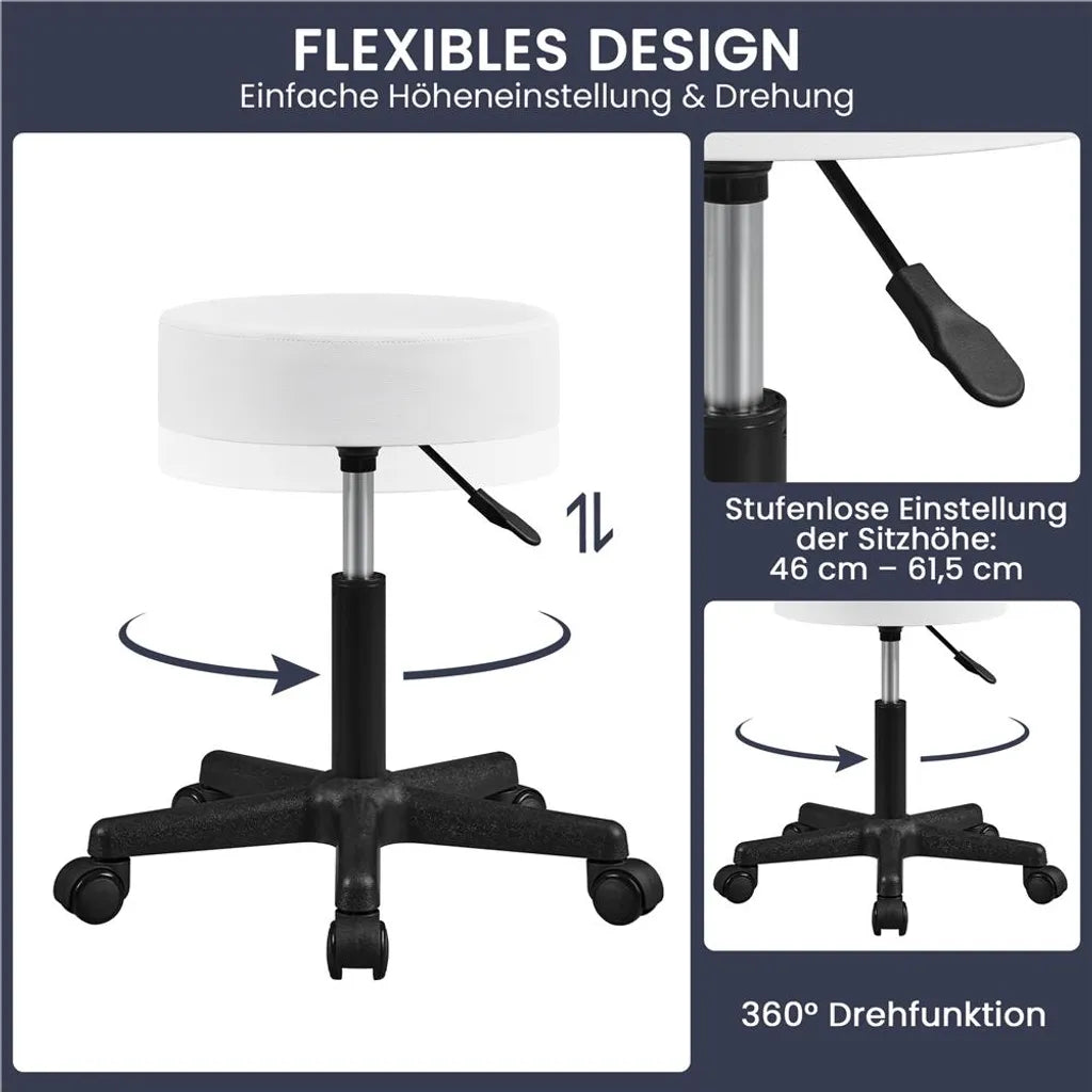 Yaheetech Tabouret roulant 50 × 50 × 46-61.5 cm - Blanc - Tabouret pivotant réglable avec roues et capacité de charge de 150 kg