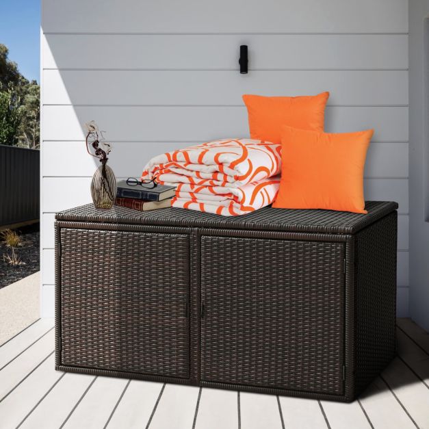 Coast Rattan Terrace Box 335 L - Brown - 115 x 60 x 65 cm - Boîte de rangement de jardin résistante aux intempéries avec couvercle et 2 étagères
