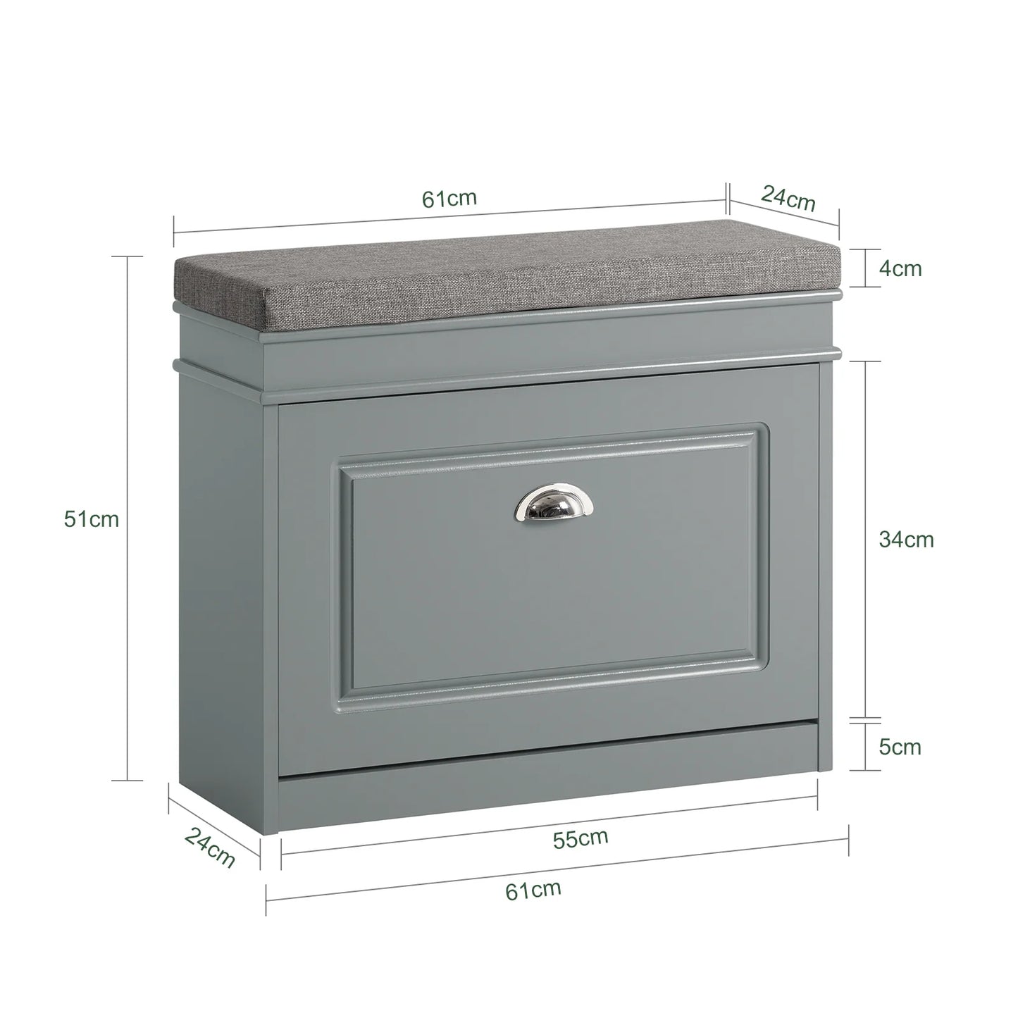 SoBuy FSR82-K-HG Banc d'entrée gris avec porte battante et coussin d'assise – Espace de rangement pour chaussures 60 × 24 × 51 cm