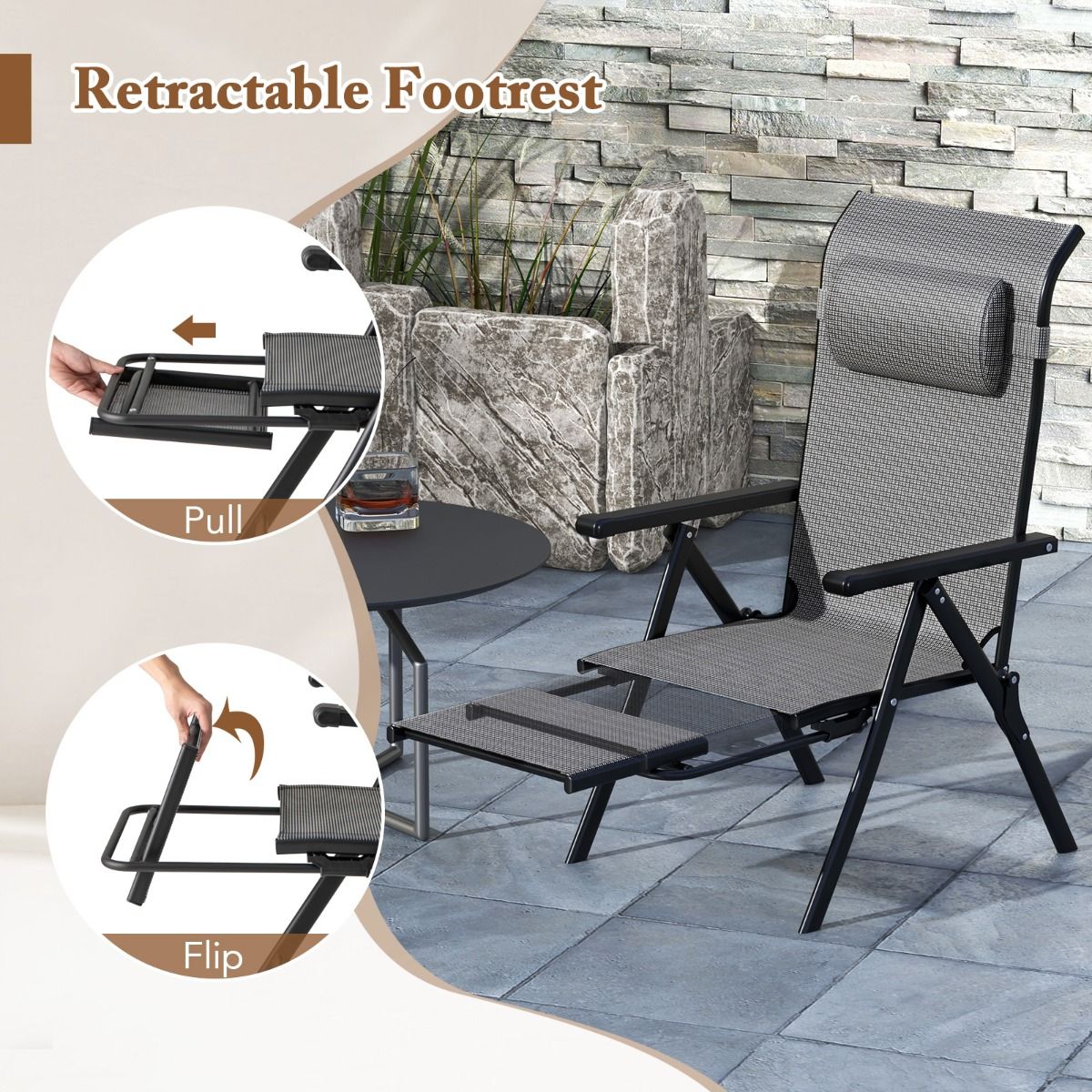 Ensemble de chaises de jardin Coast - pliables - dossier et repose-pieds réglables - gris
