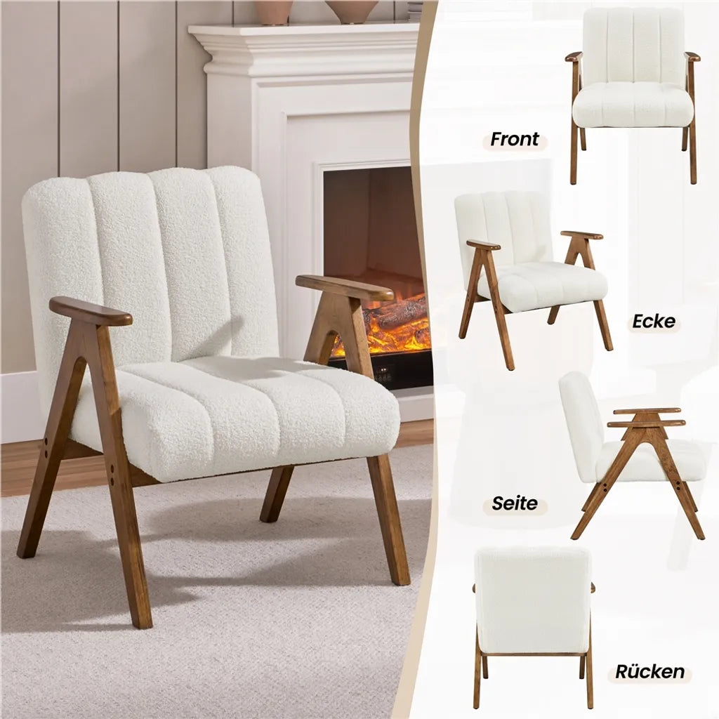 Yaheetech Armchair White - Chaise longue bouclée avec accoudoirs et pieds en bois - 60,5 x 68,5 x 73 cm