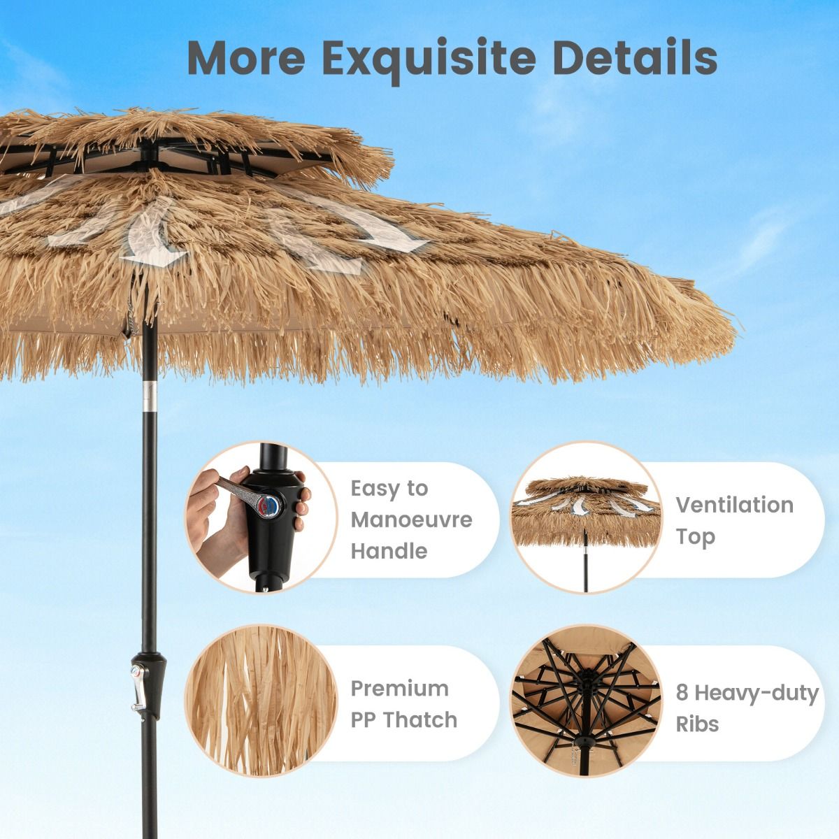 Coast Hawaiian Wicker Tiki Parasol 267x247 cm - Parasol de terrasse naturel avec manivelle, mécanisme d'inclinaison et 8 baleines robustes