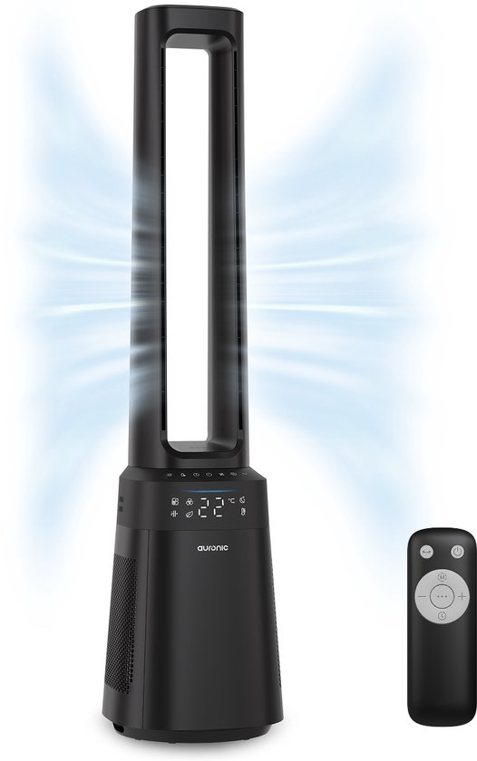 Ventilateur colonne Auronic - Modèle 2 en 1 sans pales - Purificateur d'air avec filtre HEPA - Ventilateur - 10 vitesses - Télécommande - 105 cm - Noir