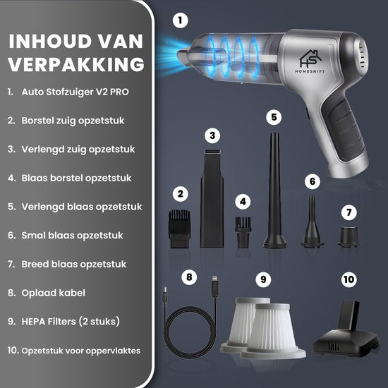 HomeShift® Aspirateur de voiture sans fil V2 PRO - Aspirateur à main - Petit aspirateur - Aspirateur sans fil - Dépoussiéreur - Wet & Dry - Métallique