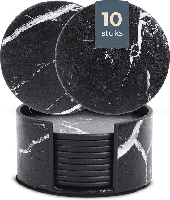 Castagnola Sous-verres en simili-cuir - Sous-verres pour verres - Sous-verres design avec support - Sous-verres en cuir - Cuir - Lot de 10 - Aspect marbré - Noir/Blanc