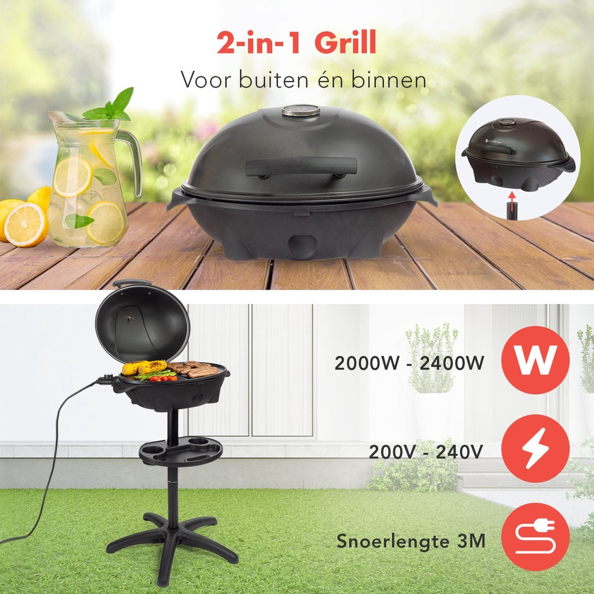 KitchenBrothers Barbecue électrique - avec plaque de cuisson - antiadhésif - étagère/porte-objets inclus - 2400W - Noir