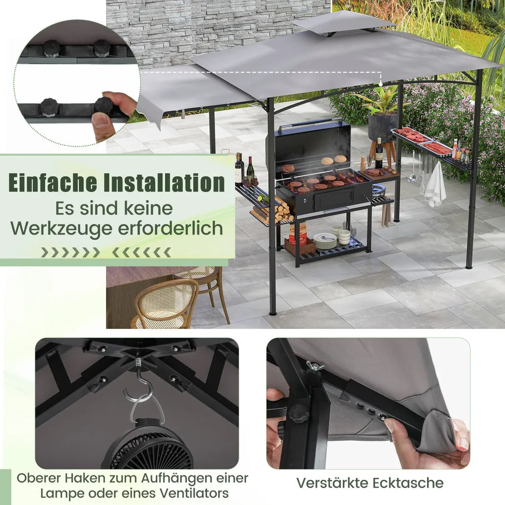 Pavillon de barbecue Coast résistant aux intempéries 318 × 153 × 250 cm – Abri pour barbecue avec auvent latéral, double toit, tables latérales, crochets et décapsuleur – Gris/Noir