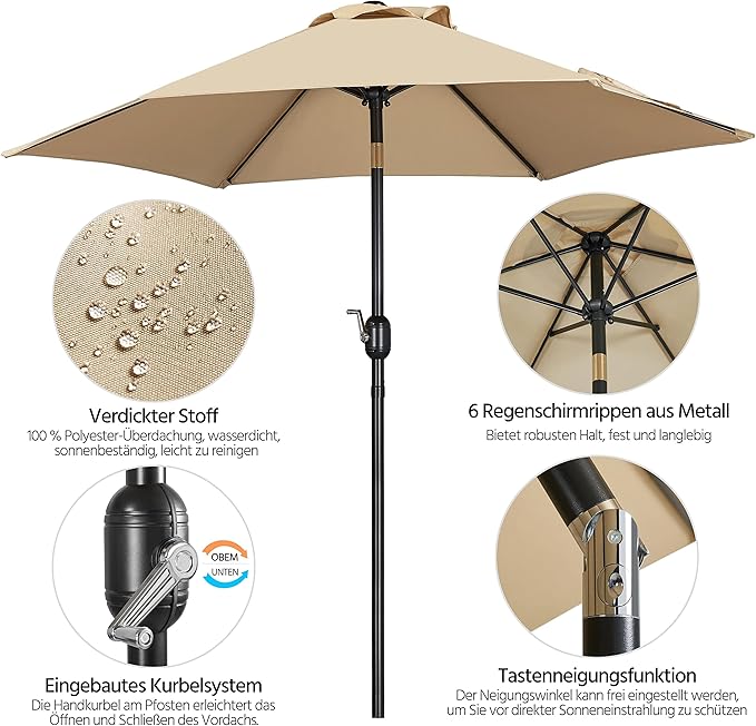 Parasol Yaheetech Ø 230 cm - Hydrofuge - Parasol de jardin inclinable avec mécanisme à manivelle