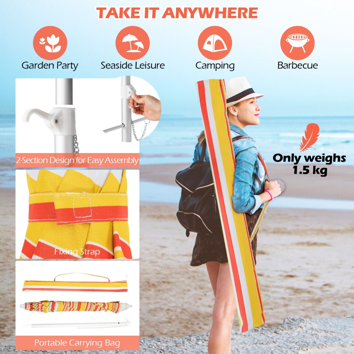 Parasol de plage Coast Ø198 x 206 cm - Rouge/Jaune - Parasol portable avec ancre de sable et sac de transport