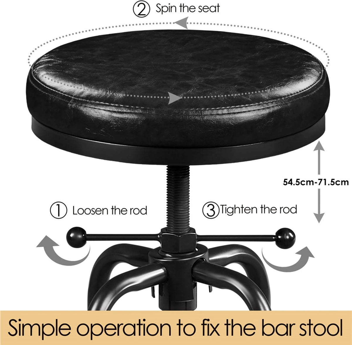 Tabouret de bar Yaheetech Vintage - Noir - Réglable de 54,5 à 71,5 cm - Simili cuir - 136 kg - Avec repose-pieds
