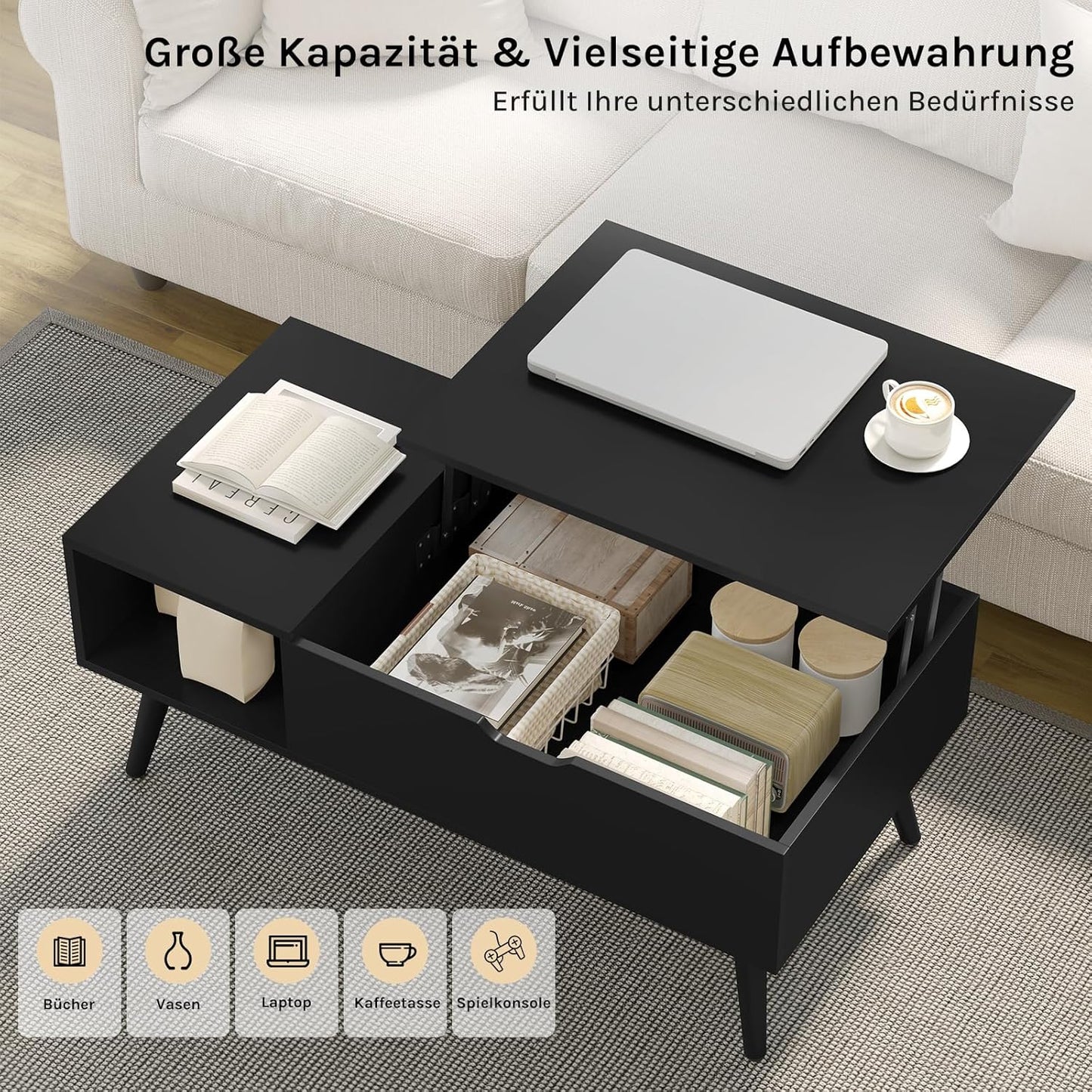 Table basse Woltu à hauteur réglable - 100 x 57 x 50 cm - Noir