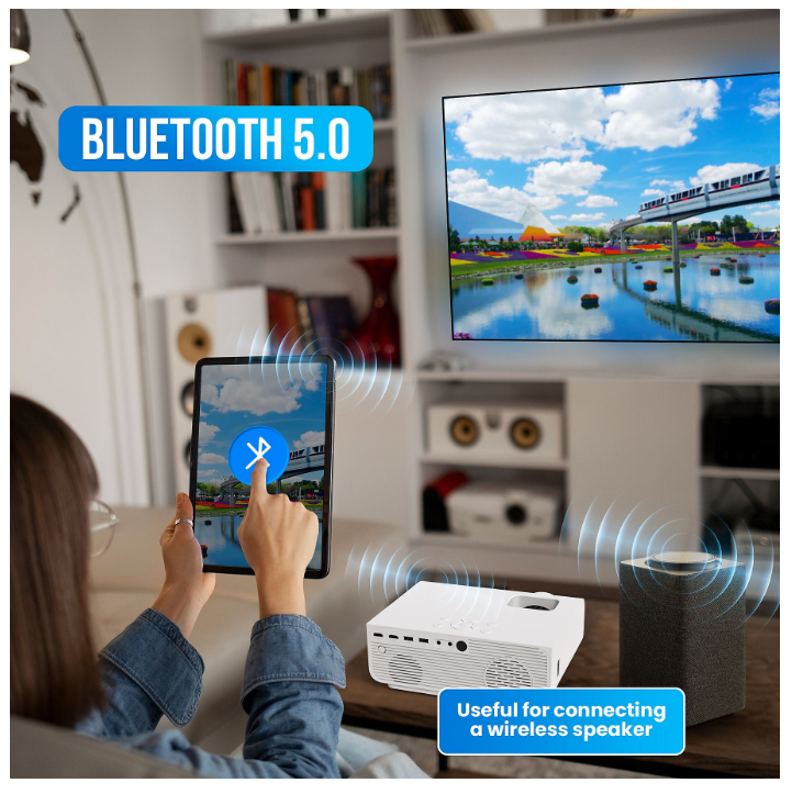 Strex - Mini vidéoprojecteur - 1080P Full HD - 15000 lumens - Streaming sans fil - WiFi - Bluetooth - Blanc