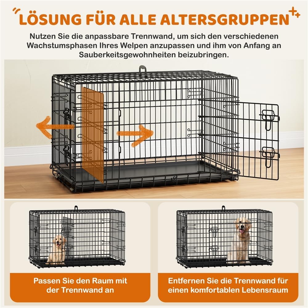 Cage pliable pour chien Yaheetech XL - 107 x 66 x 74,5 cm - 2 portes avec cloison de séparation et fond amovible - Noir