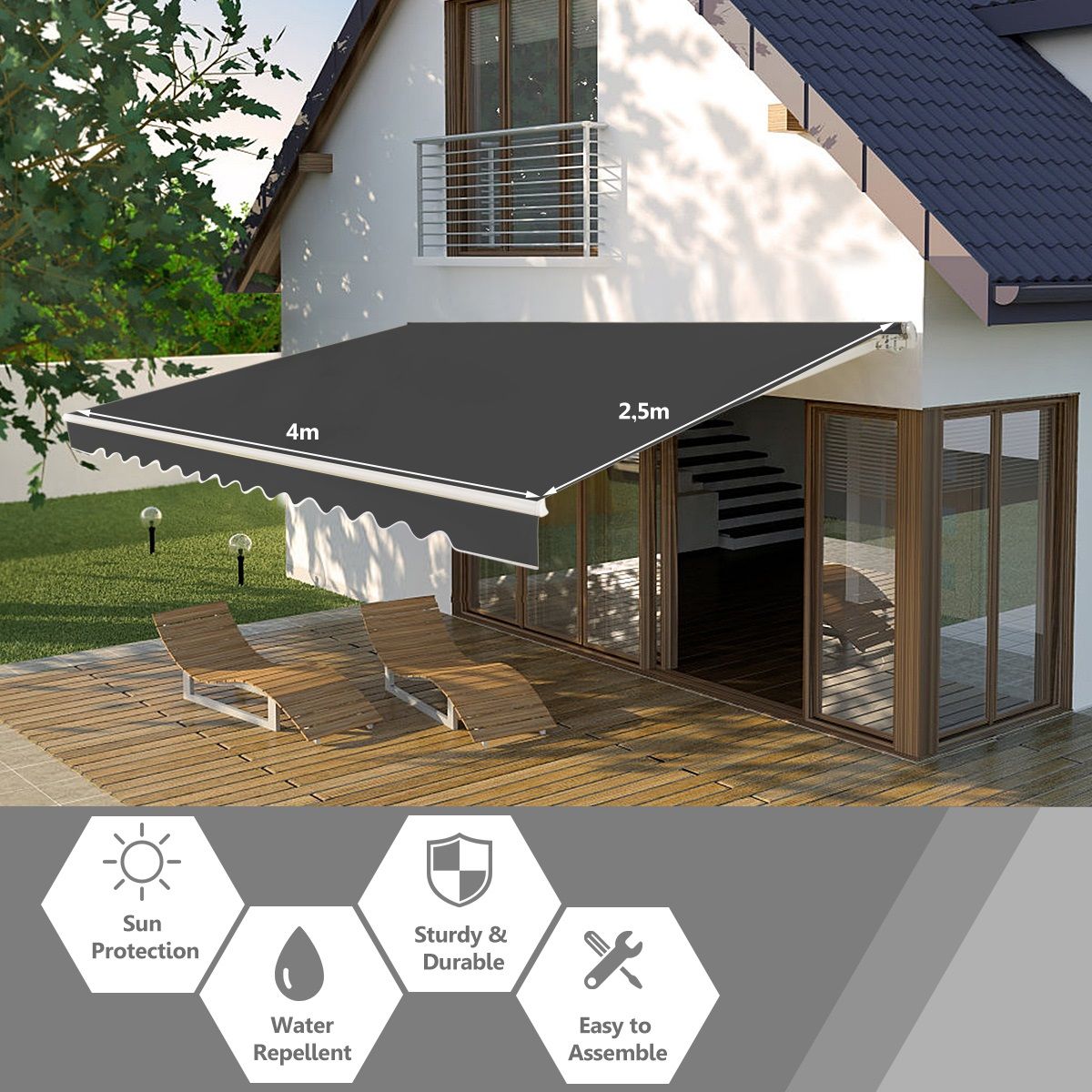 Coast 4 x 2,5 m Store de terrasse extensible Store gris avec manivelle et armature en aluminium