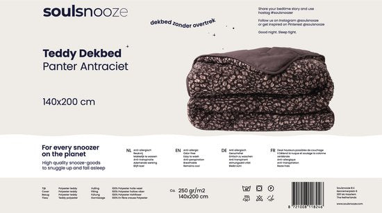 Couette Teddy Soulsnooze Panter Anthracite 240×220 - Couette 2-en-1 sans housse - Couette lavable sans housse - Couverture - Couvre-lit - Plaid moelleux