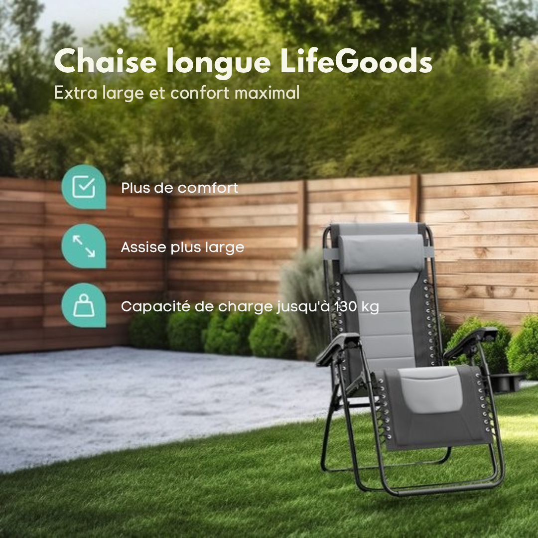 Chaise longue LifeGoods - Pliable - Inclinable de 30° à 90° - Charge max 150kg - Noir/gris